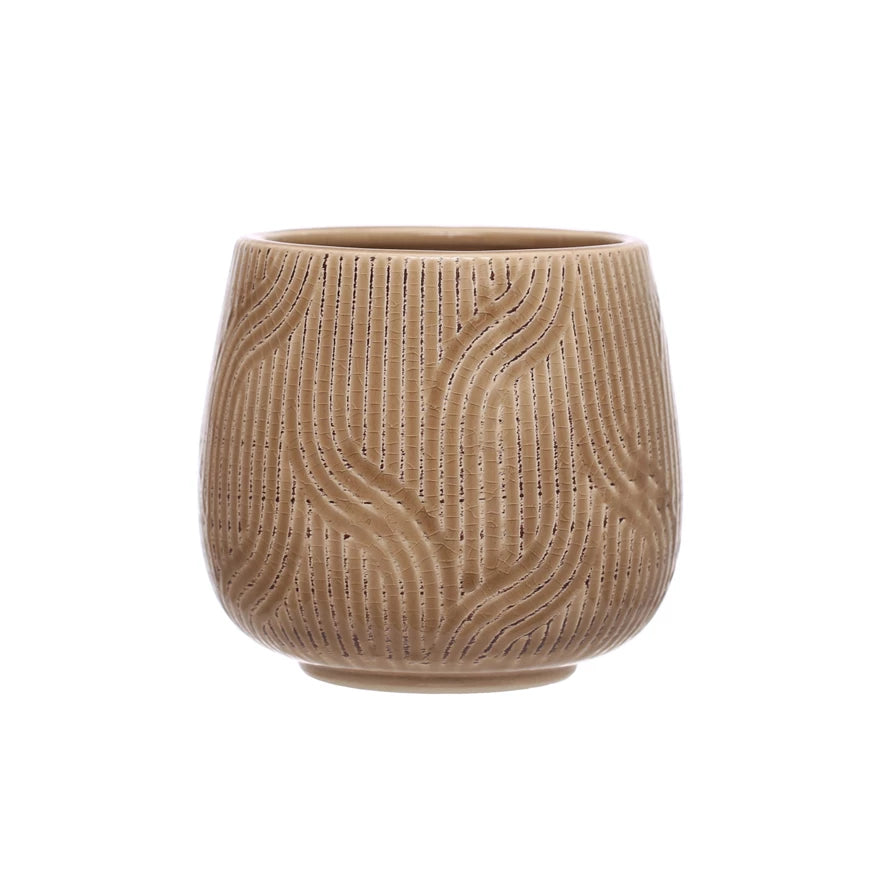 4in Debossed Tan Stoneware Planter with graphic lines