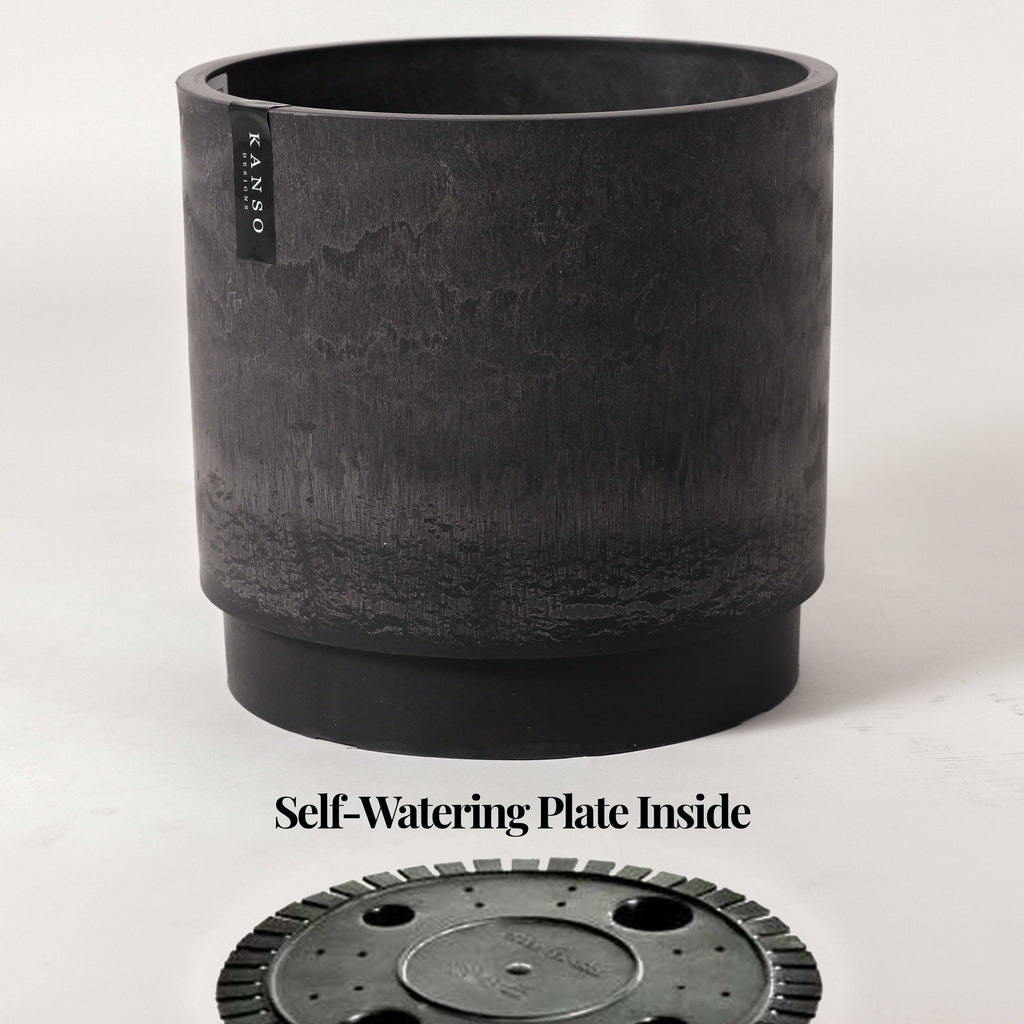 10in Self-Watering Planter - Black Stone Colored Recycled Plastic with self watering plate inside.