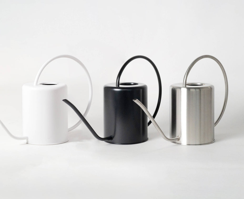 2L Stainless Steel Watering Can with round handle in white, black, and stainless steele