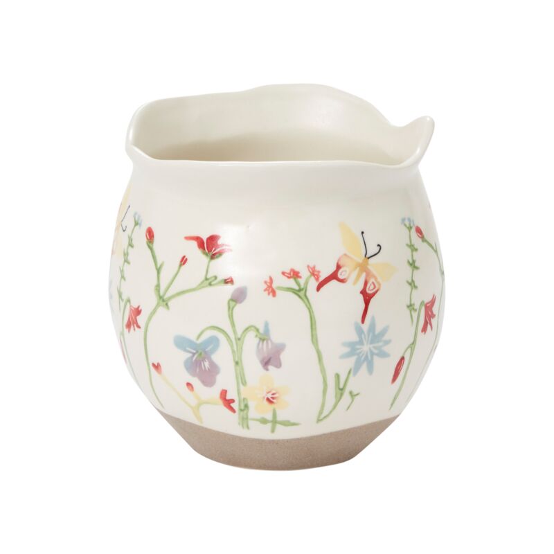 Vase with painted butterflies and wildflowers in many colors 
