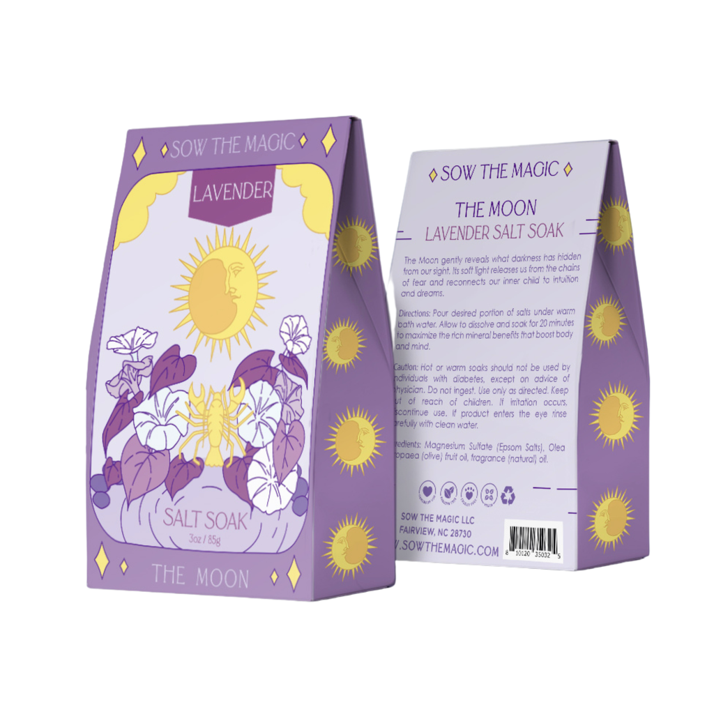 The Moon Salt Soak in Lavender packet made of paper with purple color and sun graphic.