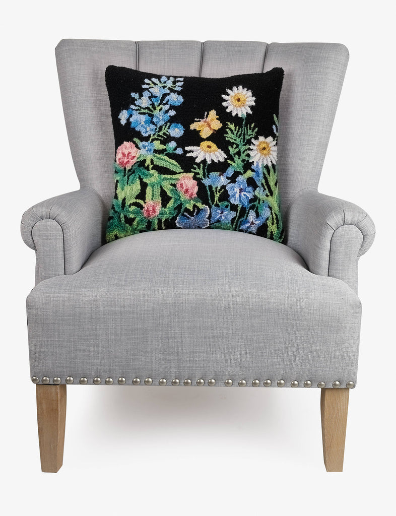 Summer Wildflower Meadow with Black background Hook Pillow on grey armchair