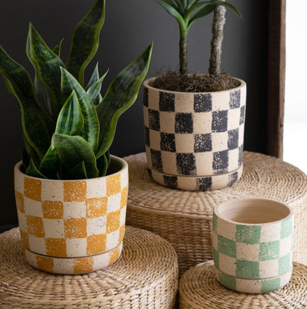 clay planter saucer Checkered Clay Planter & Saucer – Paraíso Plant Studio