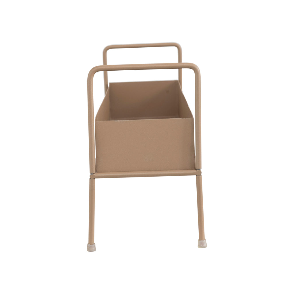 side view of light tan colored rectangular planter with stand and handles