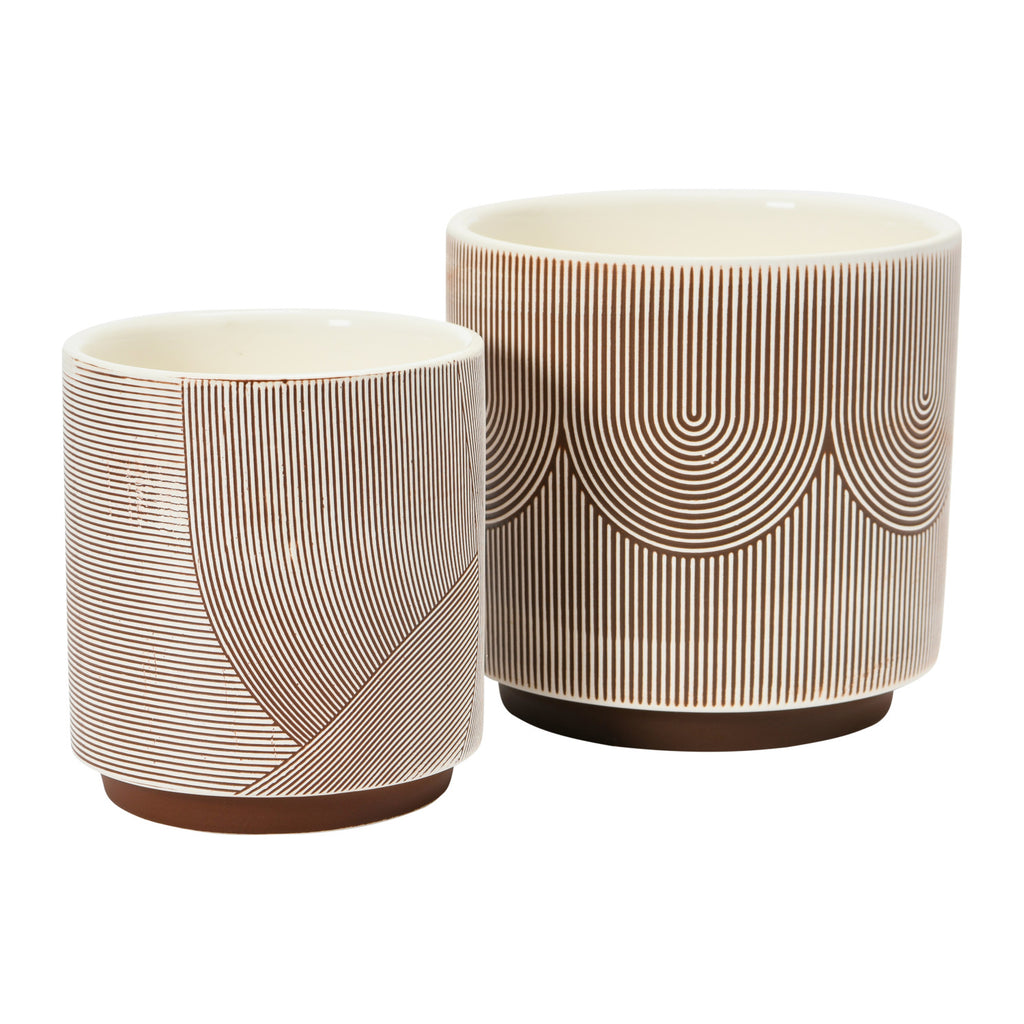 Two textured stoneware planters with linework in brown and cream curves, brown base and cream interior