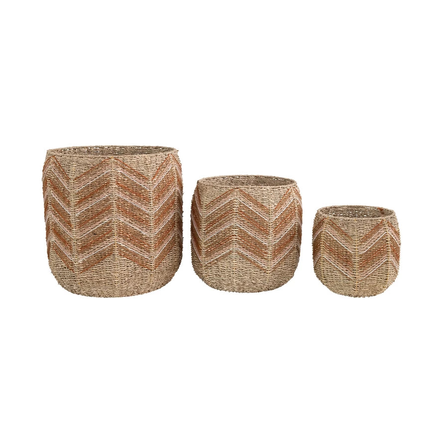 Hand-Woven Seagrass Baskets with Chevron Pattern