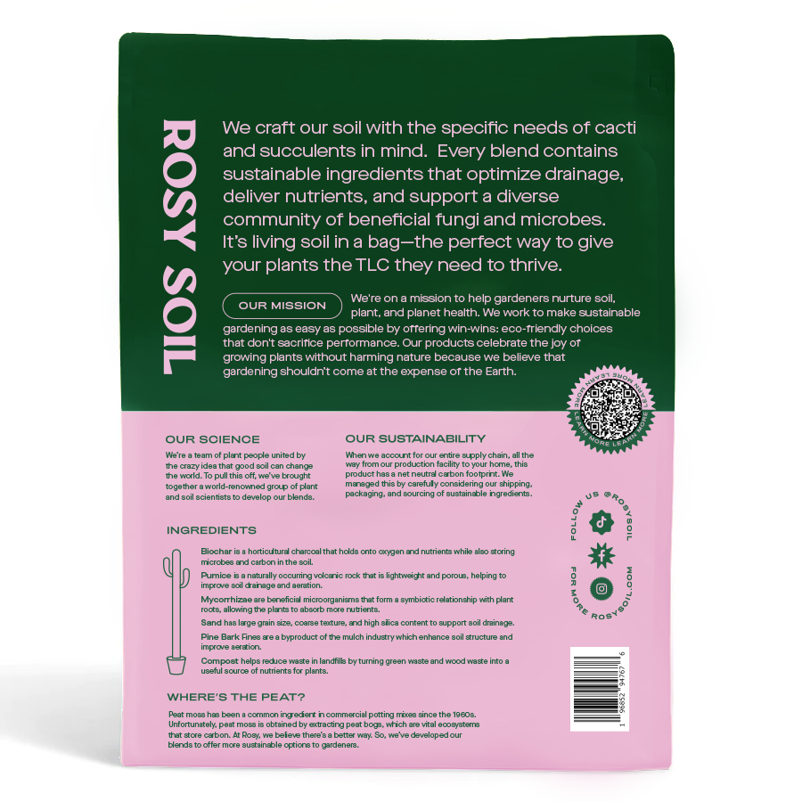 Back of Pink and Green Rosy Soil bag describing ingredients, mission, science, and sustainability information.