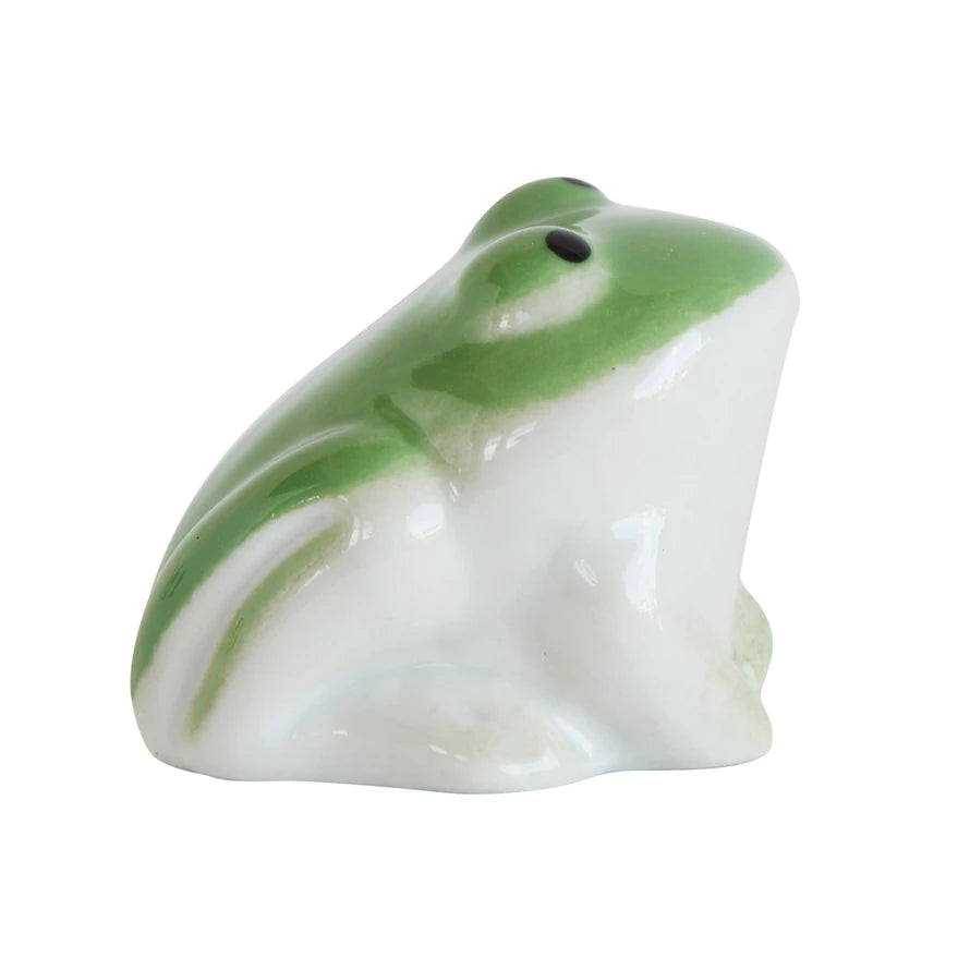 Stoneware Floating Frog with green top black eyes and white belly.