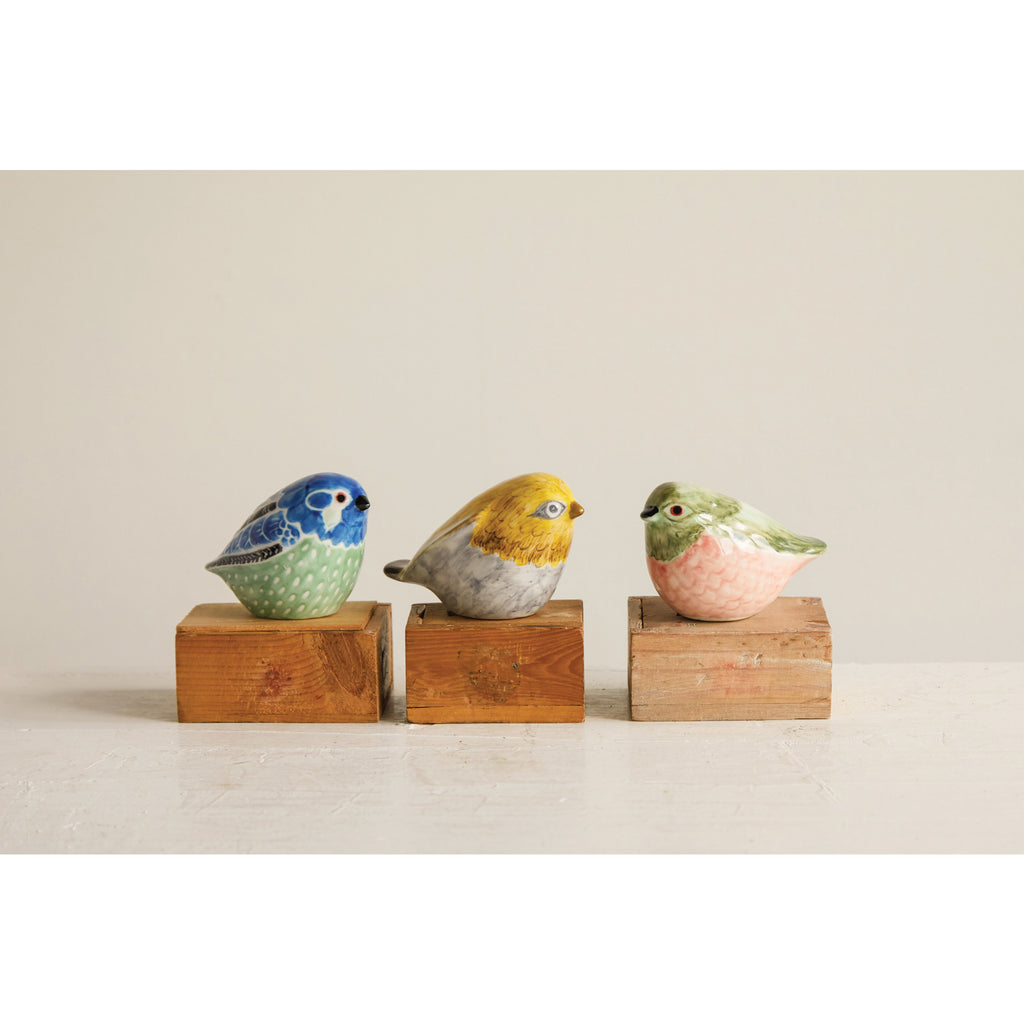 Hand-Painted Stoneware Birds, 3 colors, blue and green, yellow and white, green and red on wooden pedestal