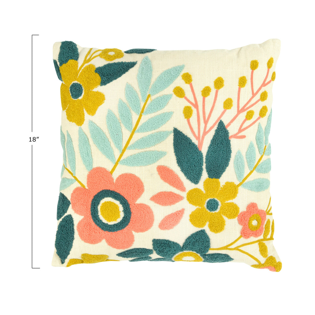 18in Embroidered Floral Pillow