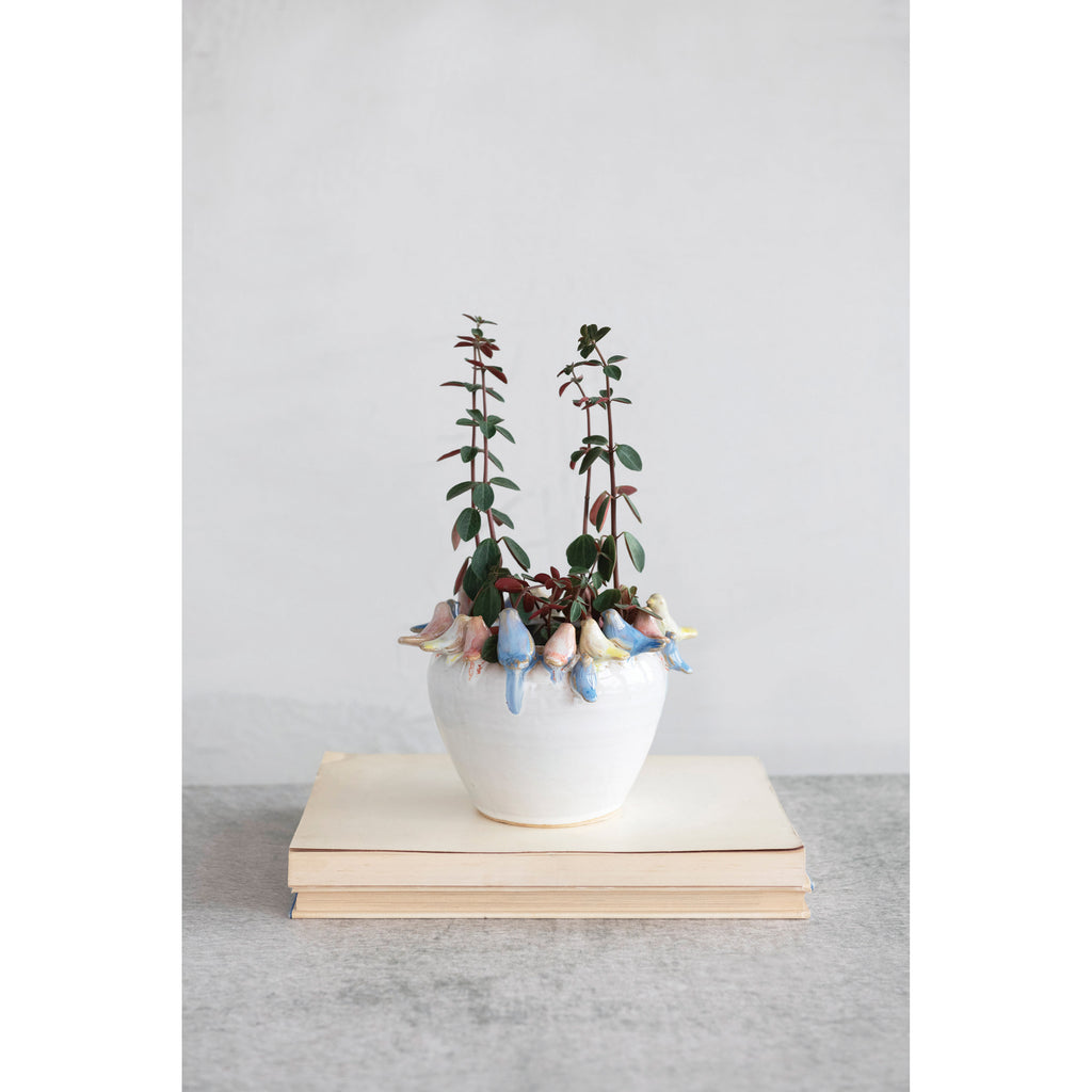 White Stoneware Planter with pink, blue, and yellow Birds on Rim and peperomia plant inside sitting on books and grey background.