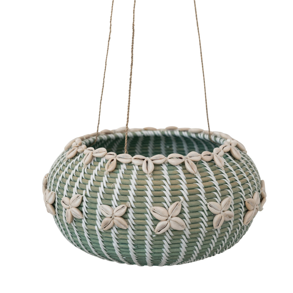9in Aqua Hanging Hand-Woven Rattan Basket w/ Shells on white background