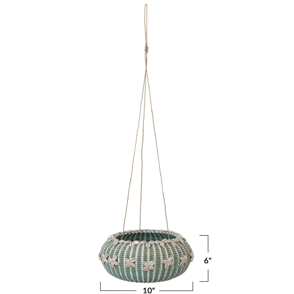 9in Aqua Hanging Hand-Woven Rattan Basket w/ Shells on white background with 10in x 6in dimensions