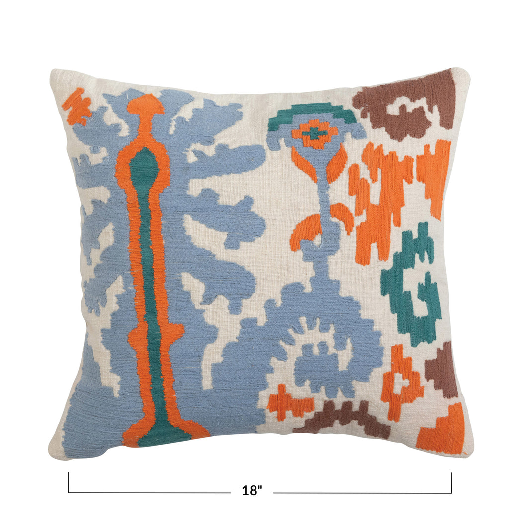 18in Embroidered Ikat & Chambray Pillow with blue, orange, brown, and green. 18in wide