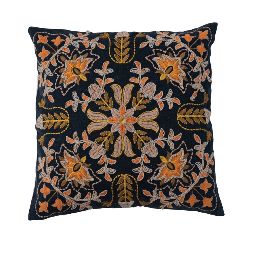 18in Indigo Embroidered Floral Pillow