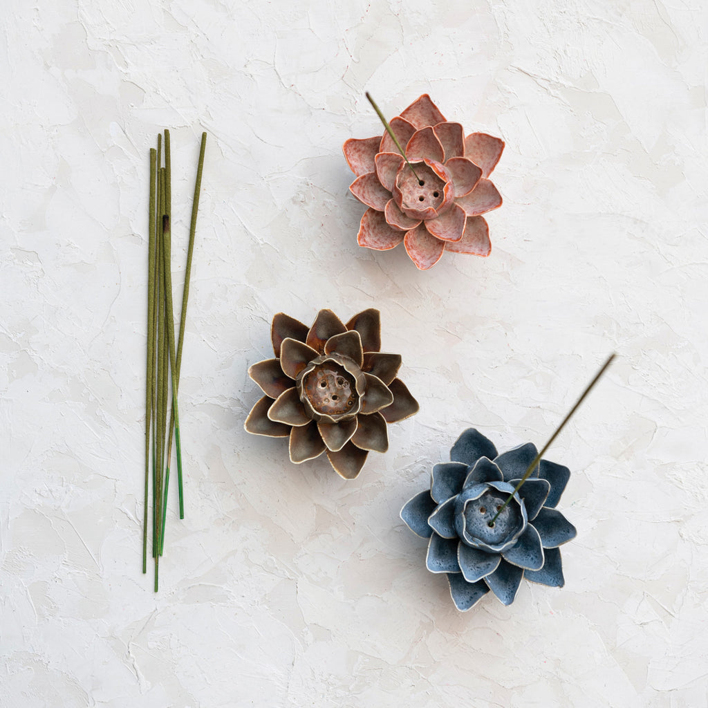 3 Handmade Stoneware Flower Incense Holders in Pink, Brown, and Blue.