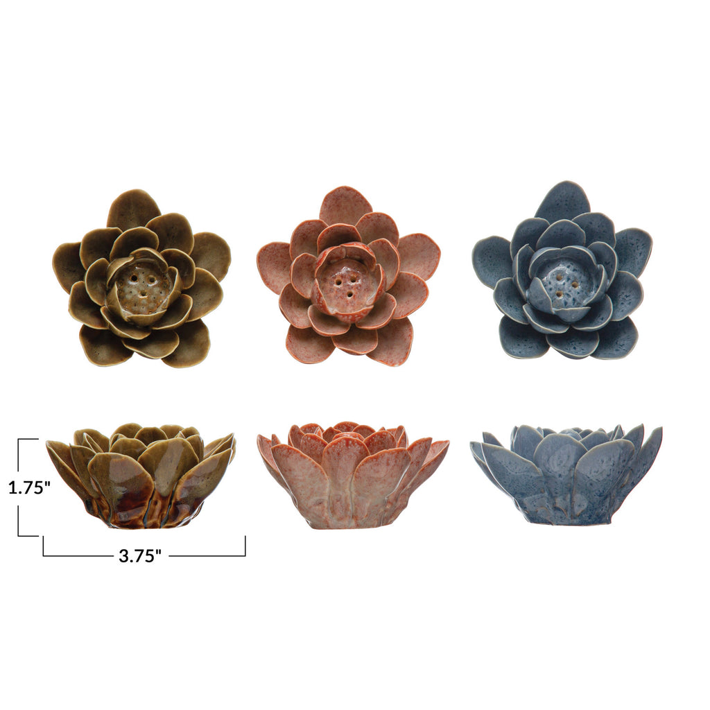 3 Handmade Stoneware Flower Incense Holders in Pink, Brown, and Blue in 1.75 x 3.75in dimensions.