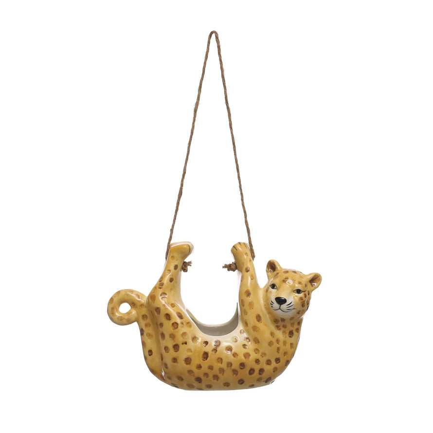 Hanging Ceramic Leopard Planter w/ Jute Rope Hanger