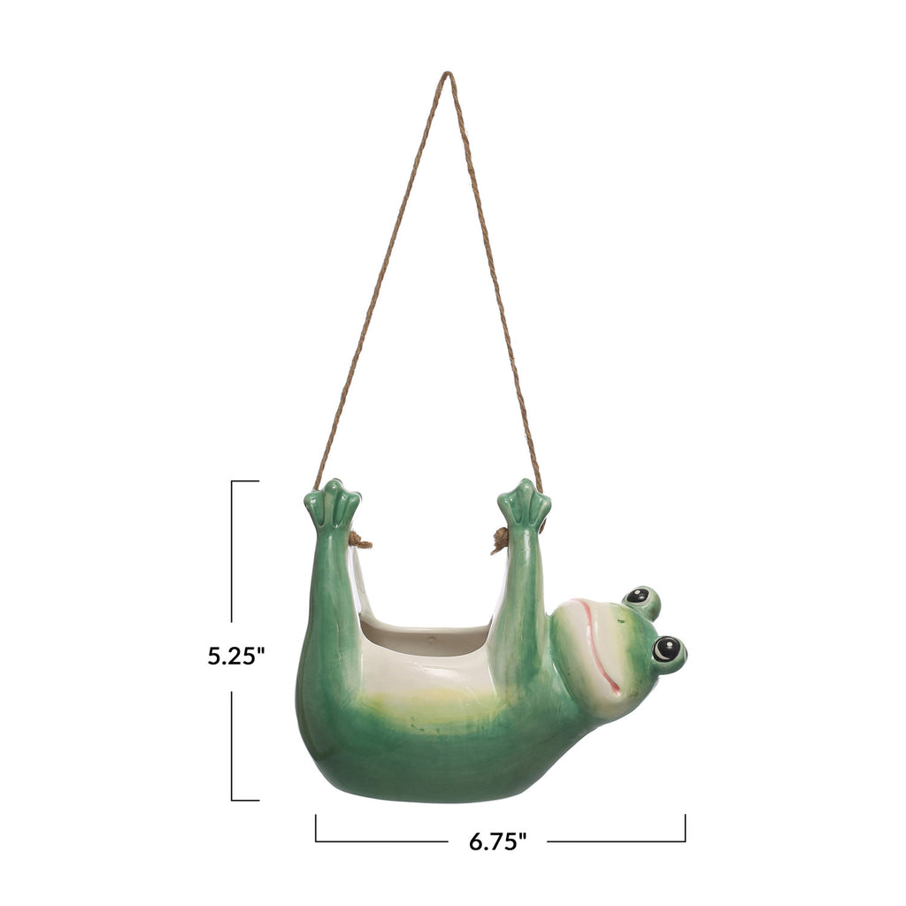Hanging Ceramic Frog Planter w/ Jute Rope Hanger and dimensions 5.25in x 6.75in