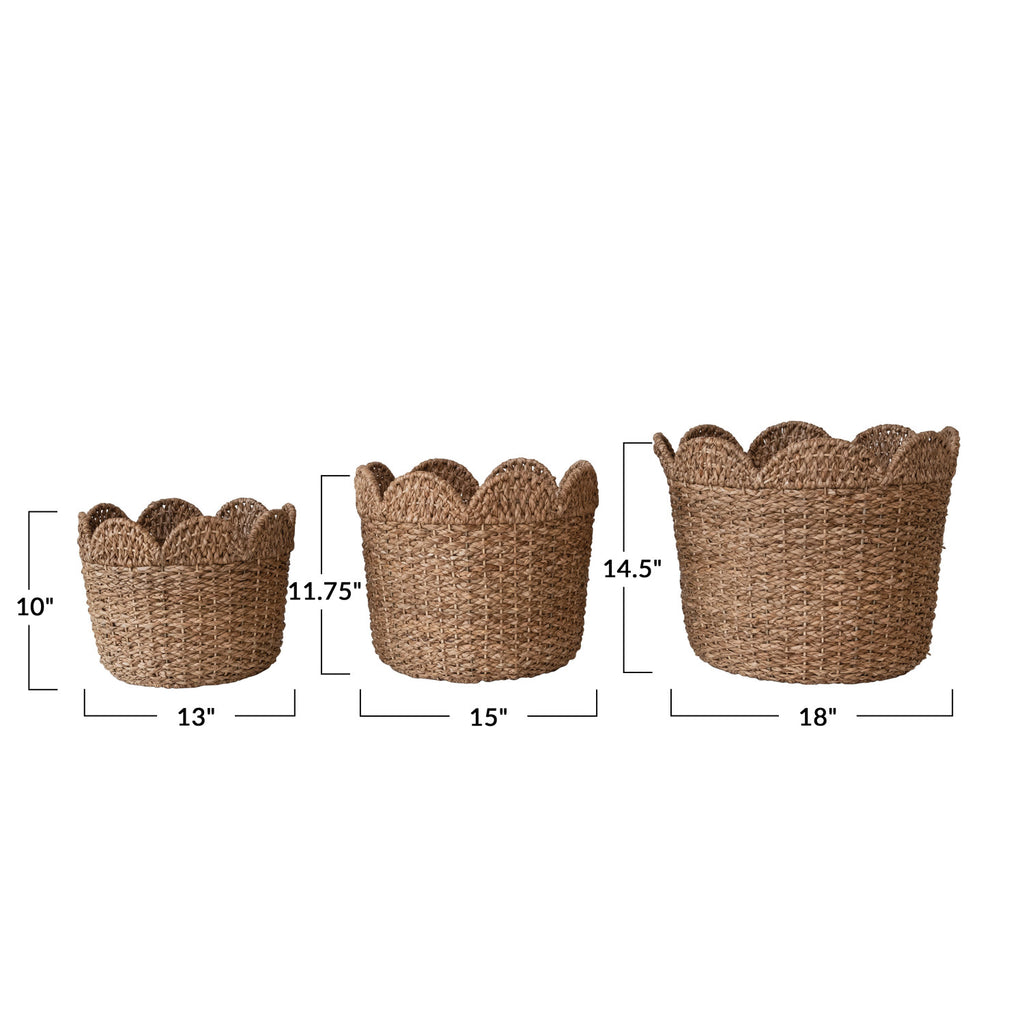 Three Braided Scalloped Baskets in different sizes from 10in to 14in