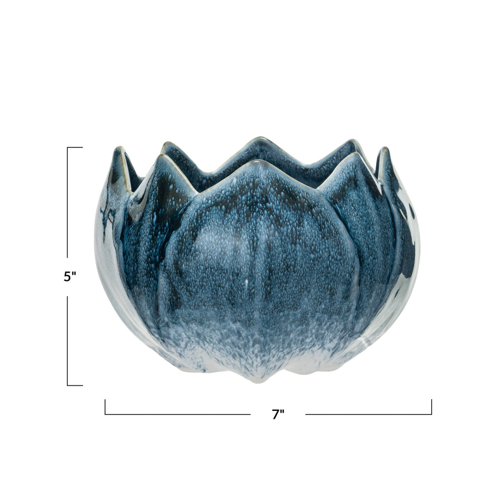 deep blue glazed flower shaped pot on white background and dimensions showing 5in x 7in