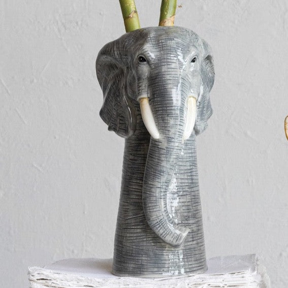 Elephant Hand-Painted Stoneware Vase