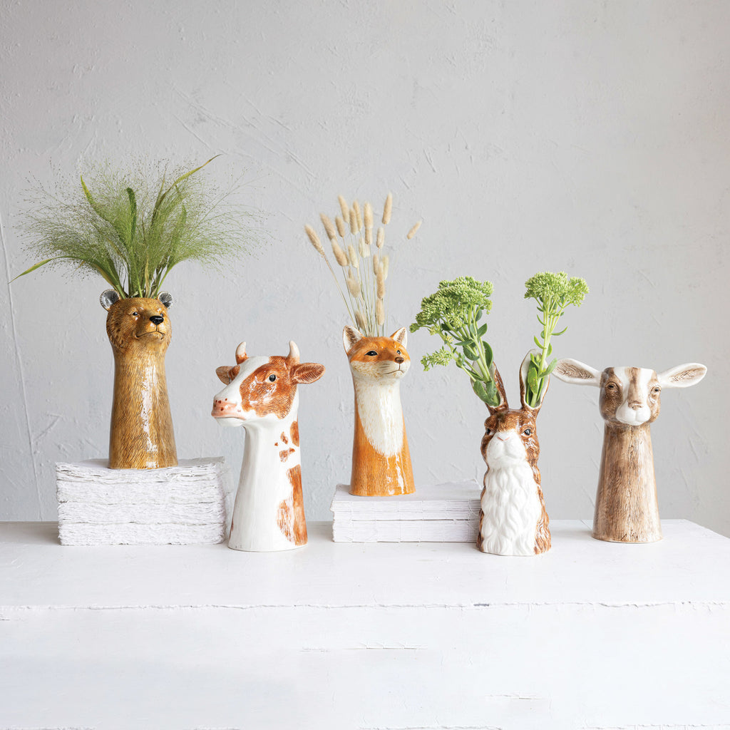 Farm animal vases with greenery. Bear, cow, fox, rabbit, and goat vases.