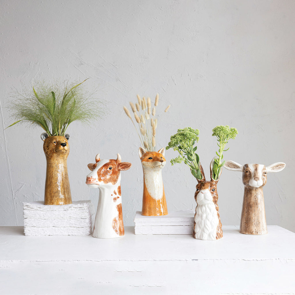 Farm animal vases with greenery. Bear, cow, fox, rabbit, and goat vases.