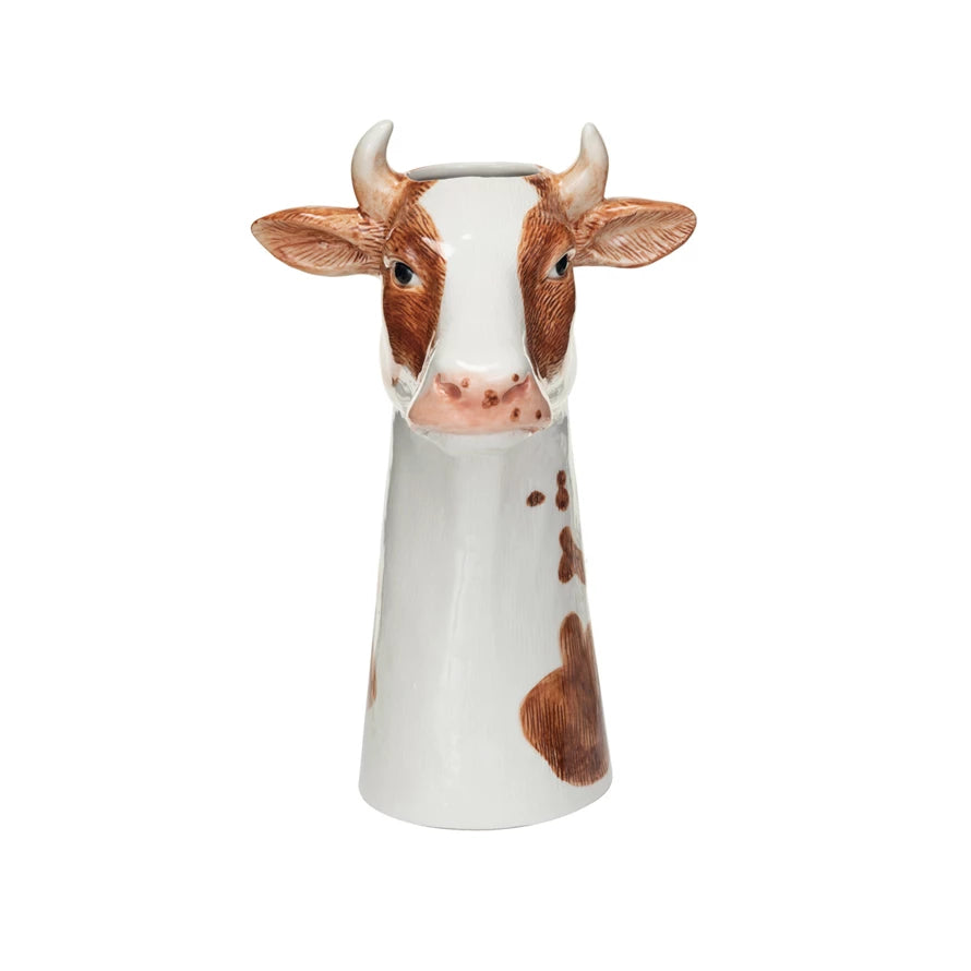 Hand-Painted Stoneware Cow Vase