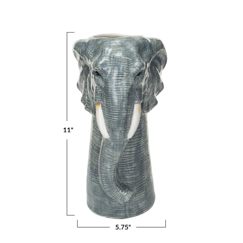 Elephant Hand-Painted Stoneware Vase