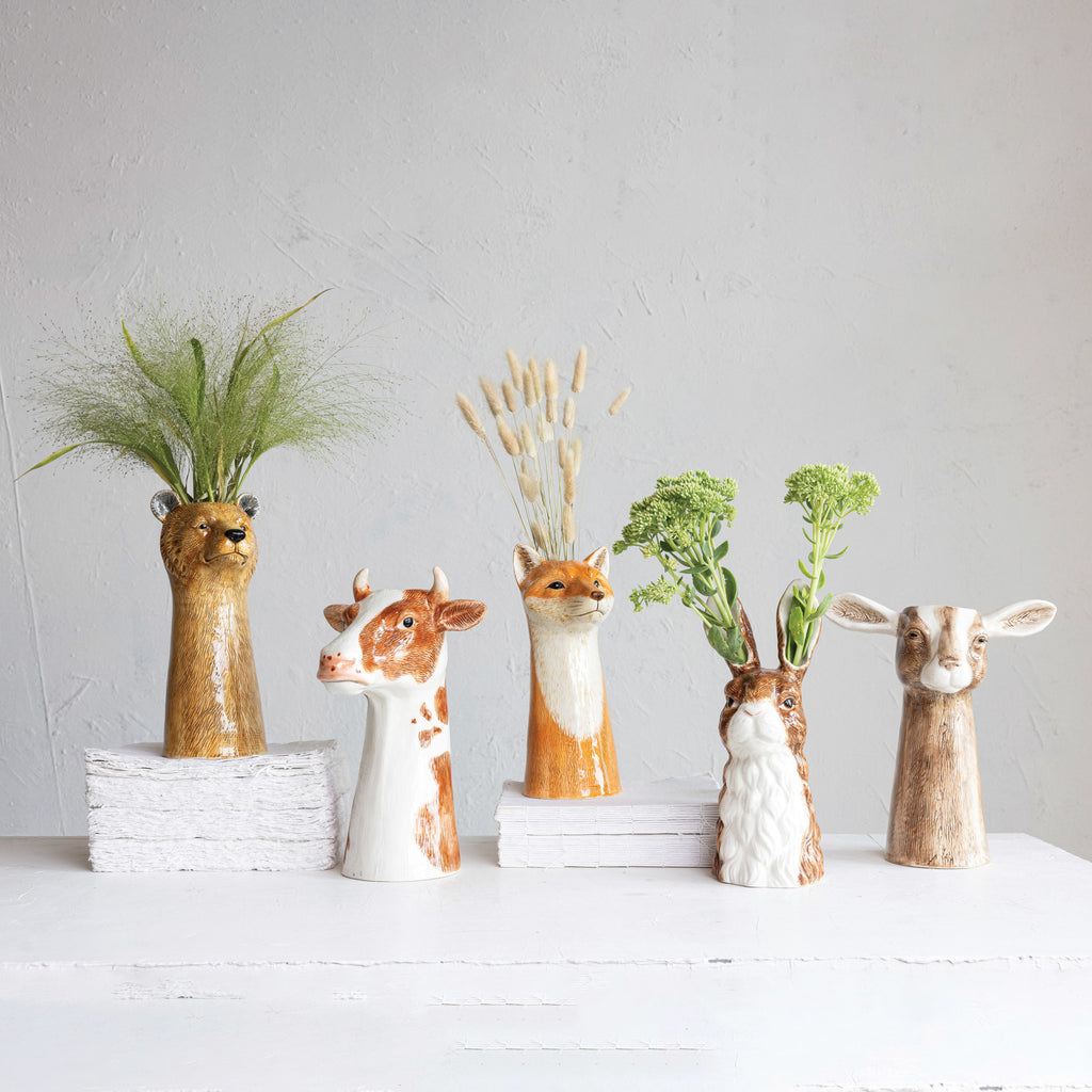 Farm animal vases with greenery. Bear, cow, fox, rabbit, and goat vases.