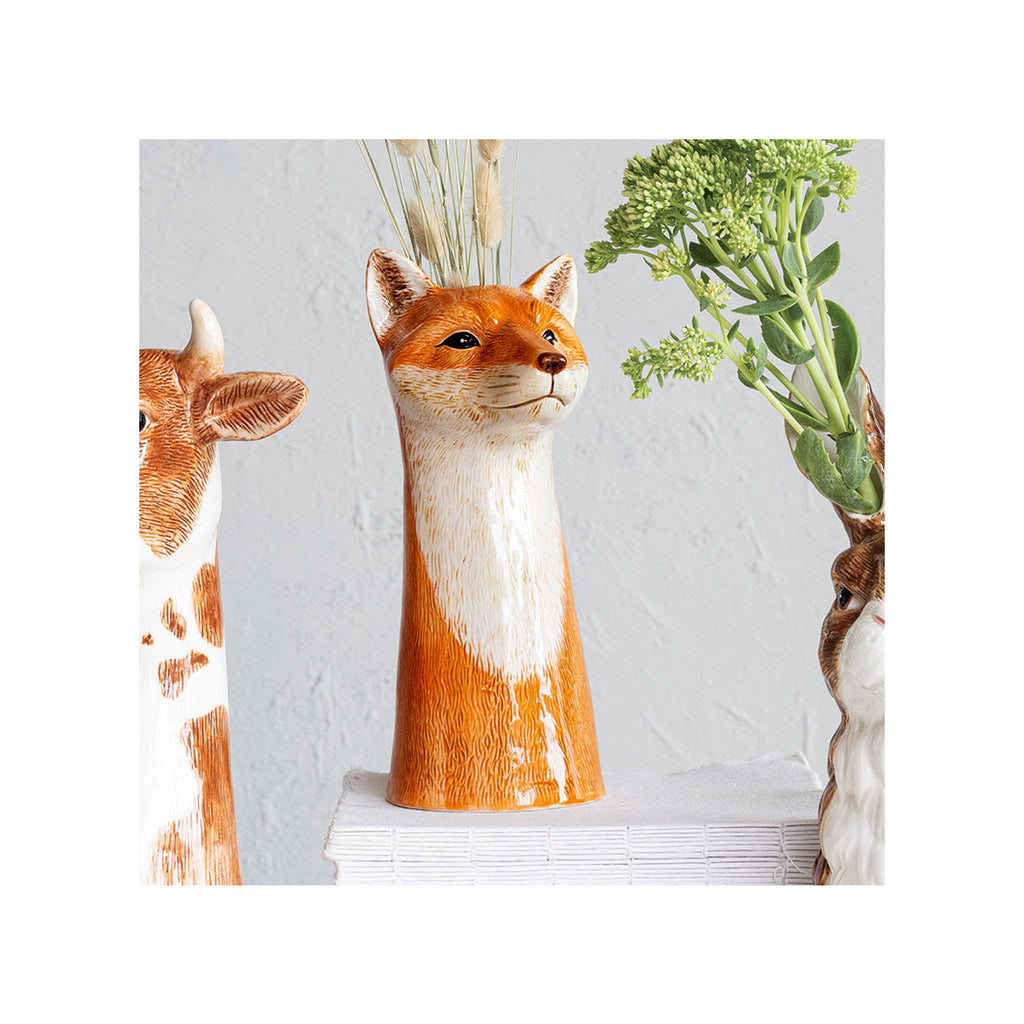 Hand-Painted Stoneware Fox Vase in orange and white.