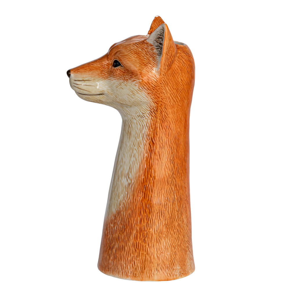 Side-view hand-painted stoneware fox vase in orange and white.