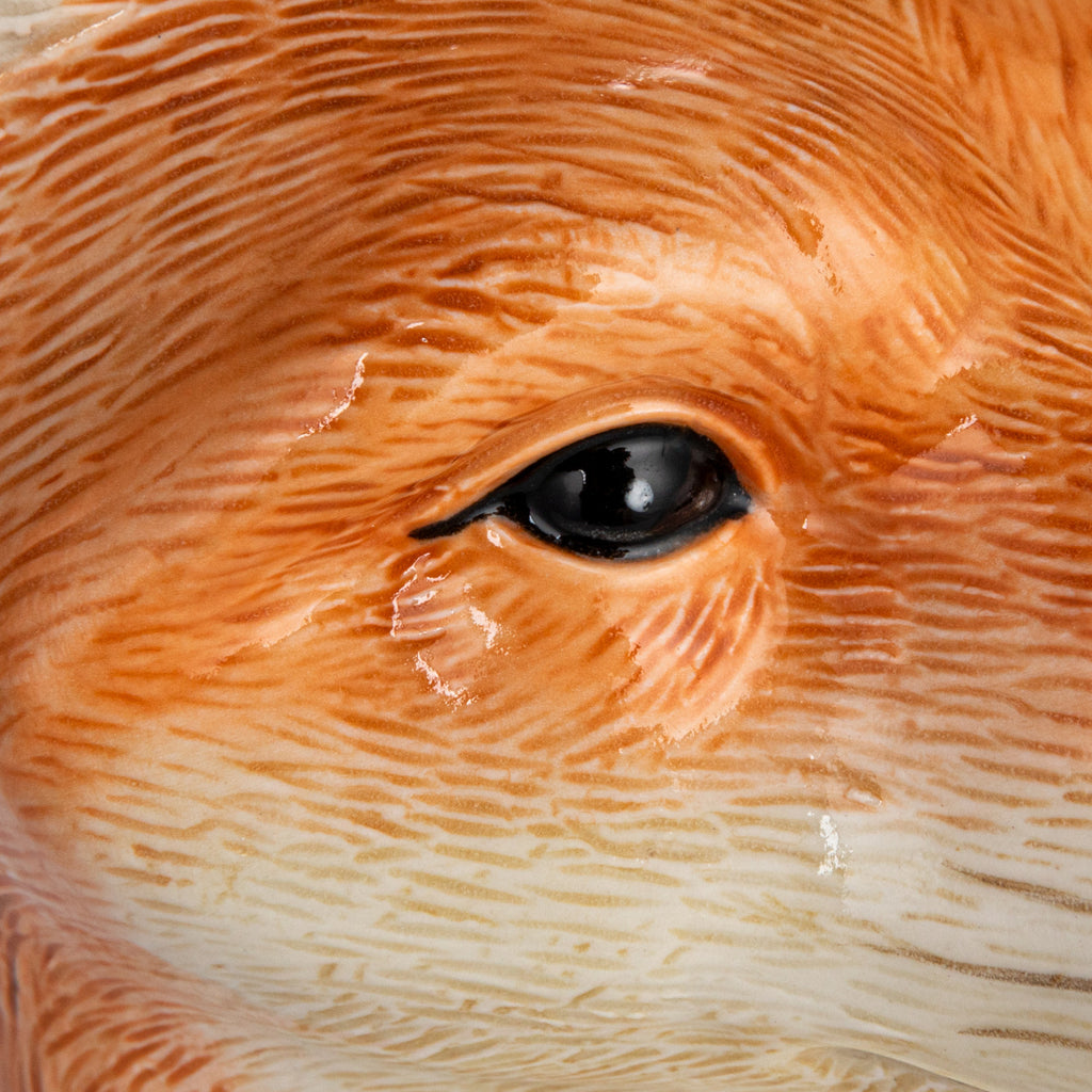 Eye close up of Hand-Painted Stoneware Fox Vase in orange and white.