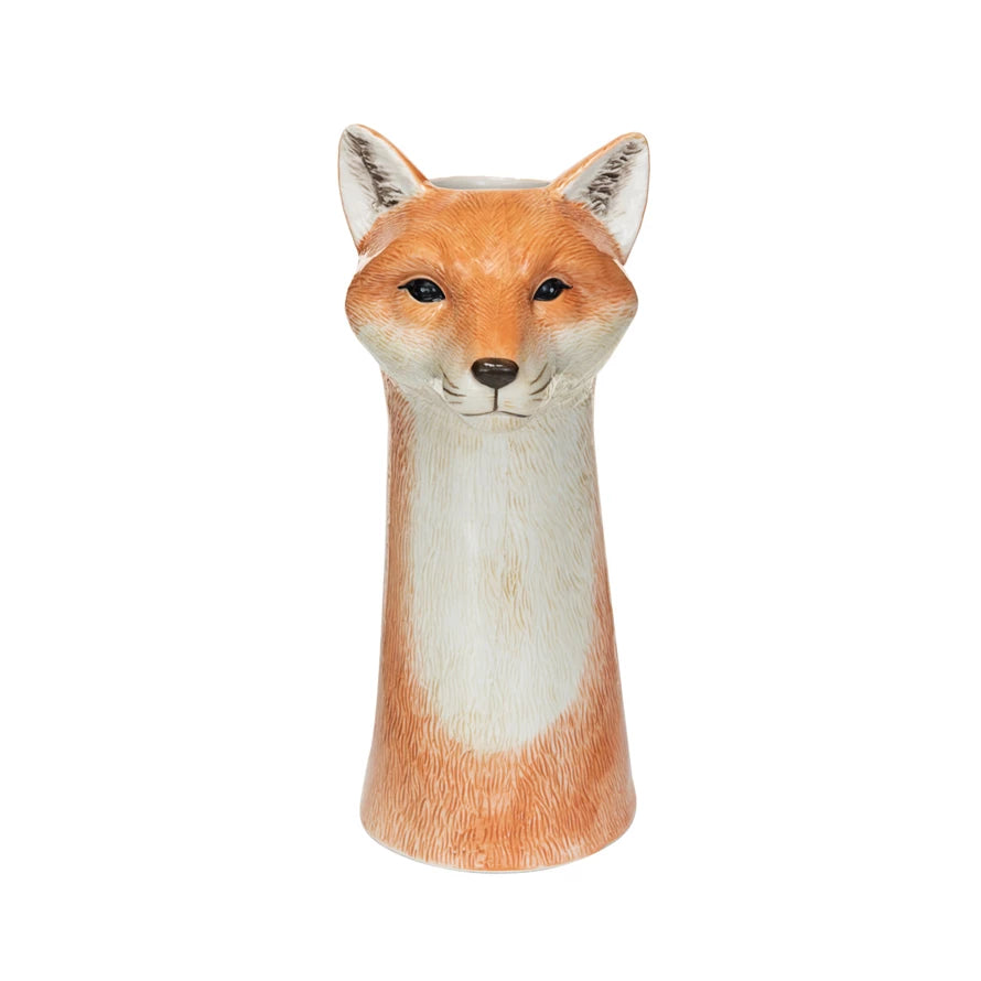 Hand-Painted Stoneware Fox Vase in orange and white.