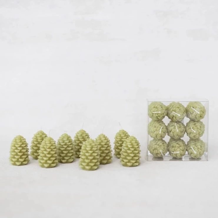 Green Pinecone Shaped Tealight Candles, Set of 9
