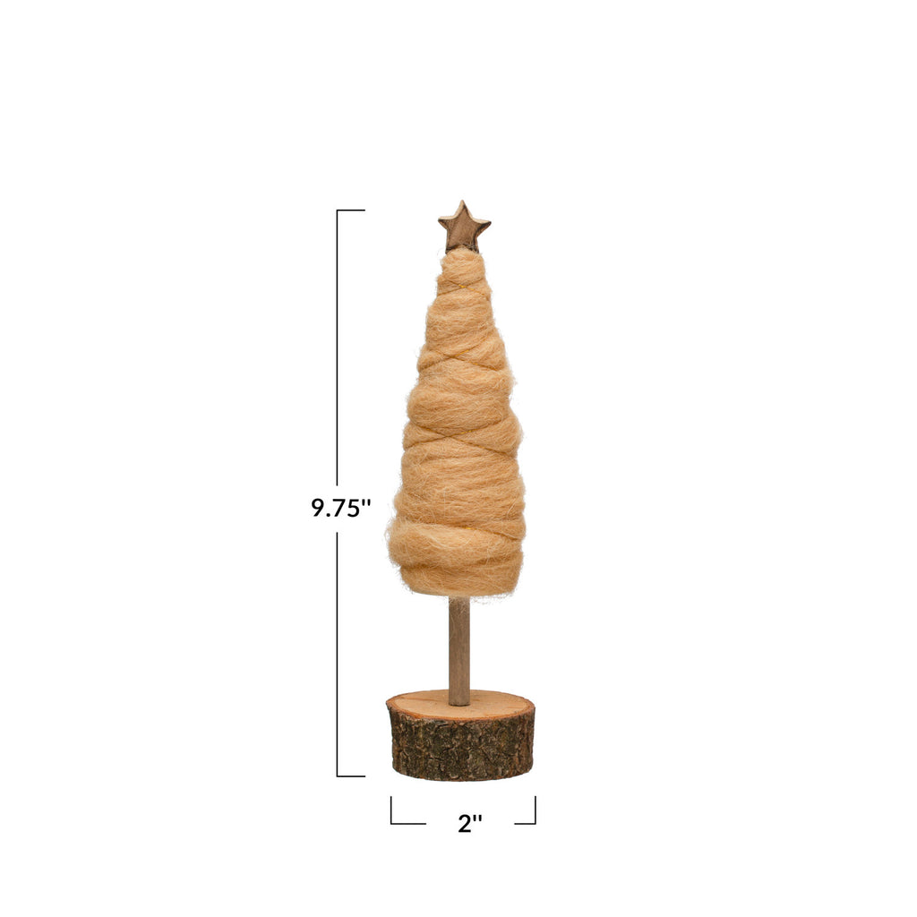 9in Wool Tree w/ Star & Wood Slice Base, Camel Color