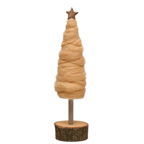 9in Wool Tree w/ Star & Wood Slice Base, Camel Color