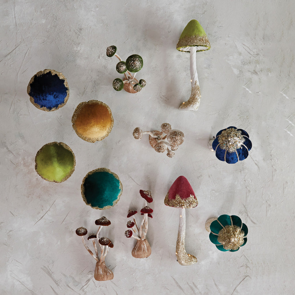 11in Velvet, Foam & Paper Mushroom w/ Gold Glitter, Sequins & Jewels