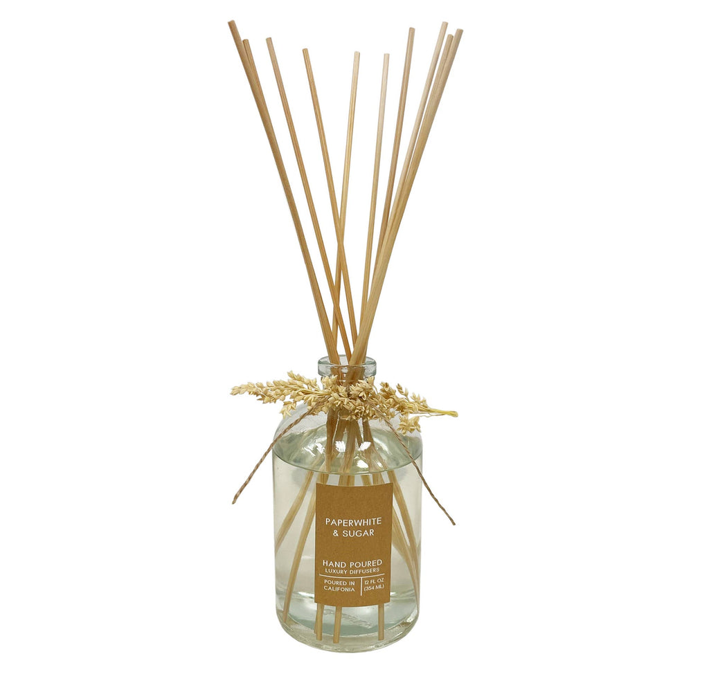 Paperwhite & Sugar Botanical Tie Reed Diffuser comes with a sprig of bleached sorghum tied to the neck. 