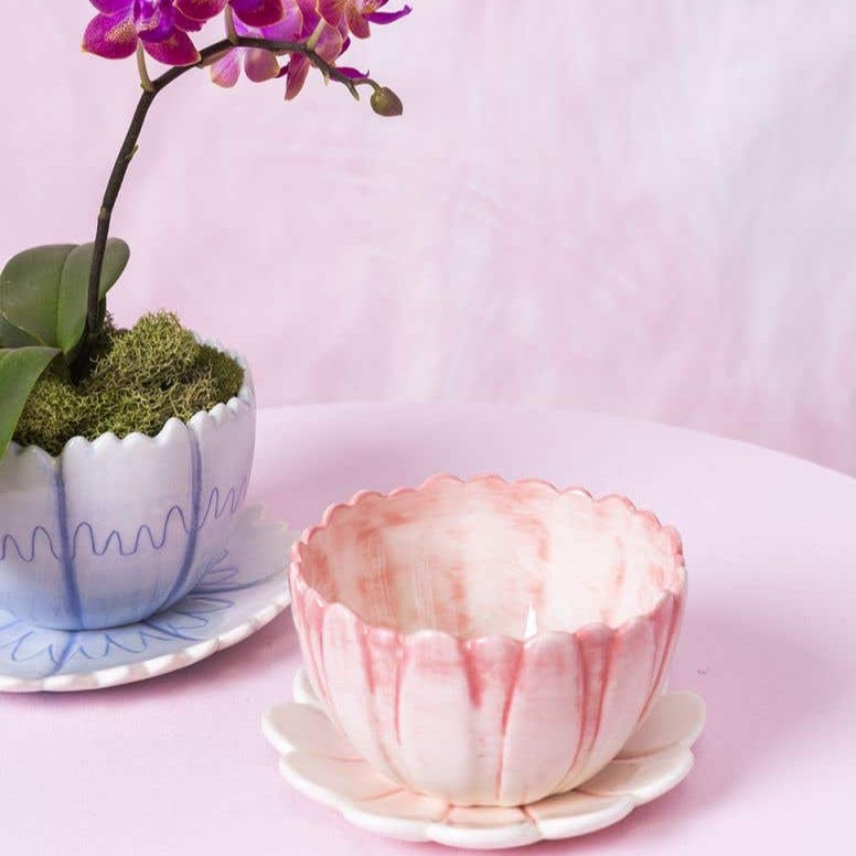 Flower shaped planters in pink, and blue with pink background with an orchid planted inside.