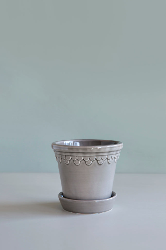 3in-10in Pearl Grey Glazed Castle Pot & Saucer - Bergs Potter