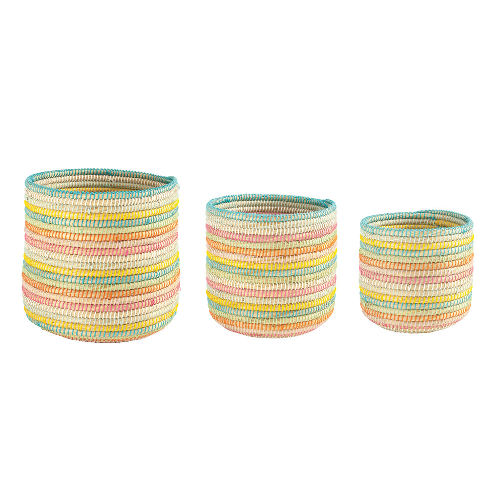 10-13in Hand-Woven Grass Baskets with rainbow colored twine.