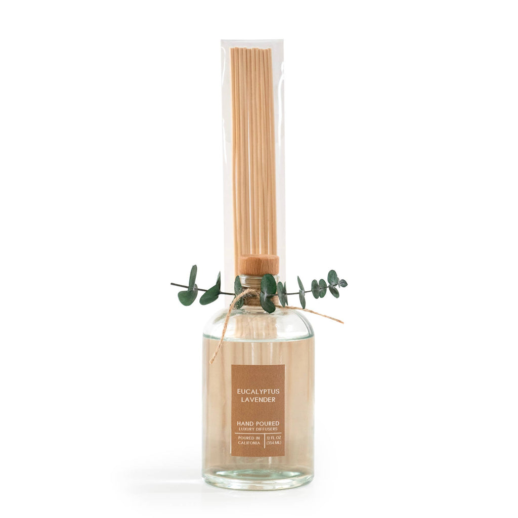 Eucalyptus Lavender Botanical Tie Reed Diffuser with a sprig of preserved baby eucalyptus tied to the neck.