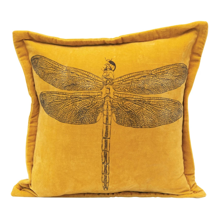16" Cotton Velvet Pillow with Printed Dragonfly