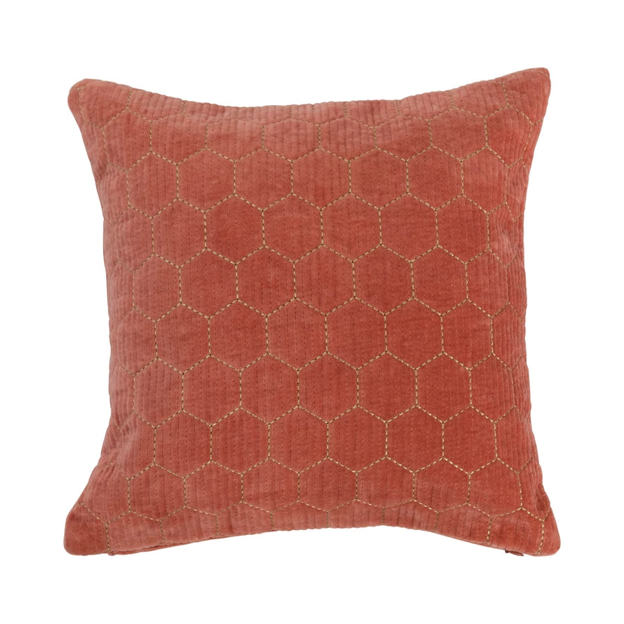 16" Cotton Velvet Pillow with Hex Shaped Gold Metallic Embroidery