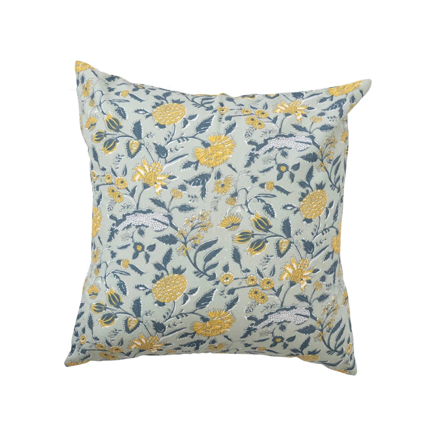 18" Cotton Pillow w/ Floral Pattern, Polyester Fill