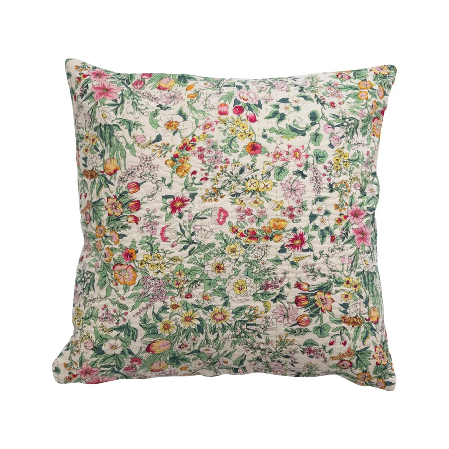18" Cotton Printed Pillow w/ Kantha Stitch & Floral Pattern, Polyester Fill