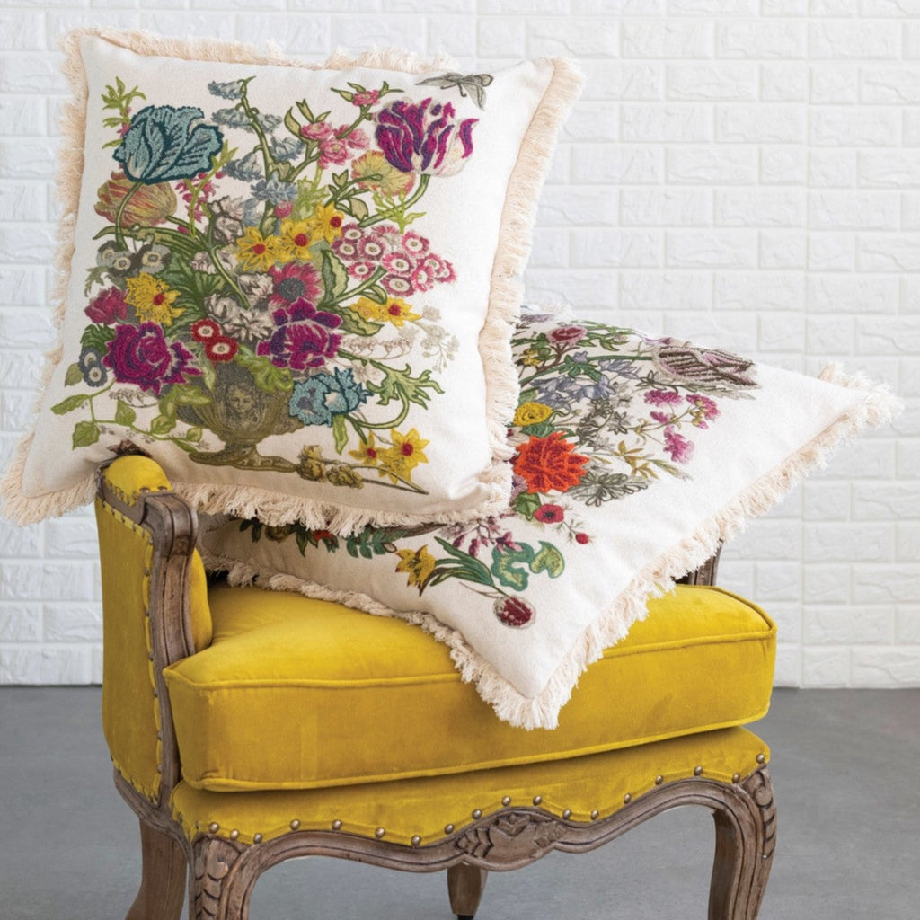 24" Cotton Printed Pillow w/ Embroidery, Florals & Fringe