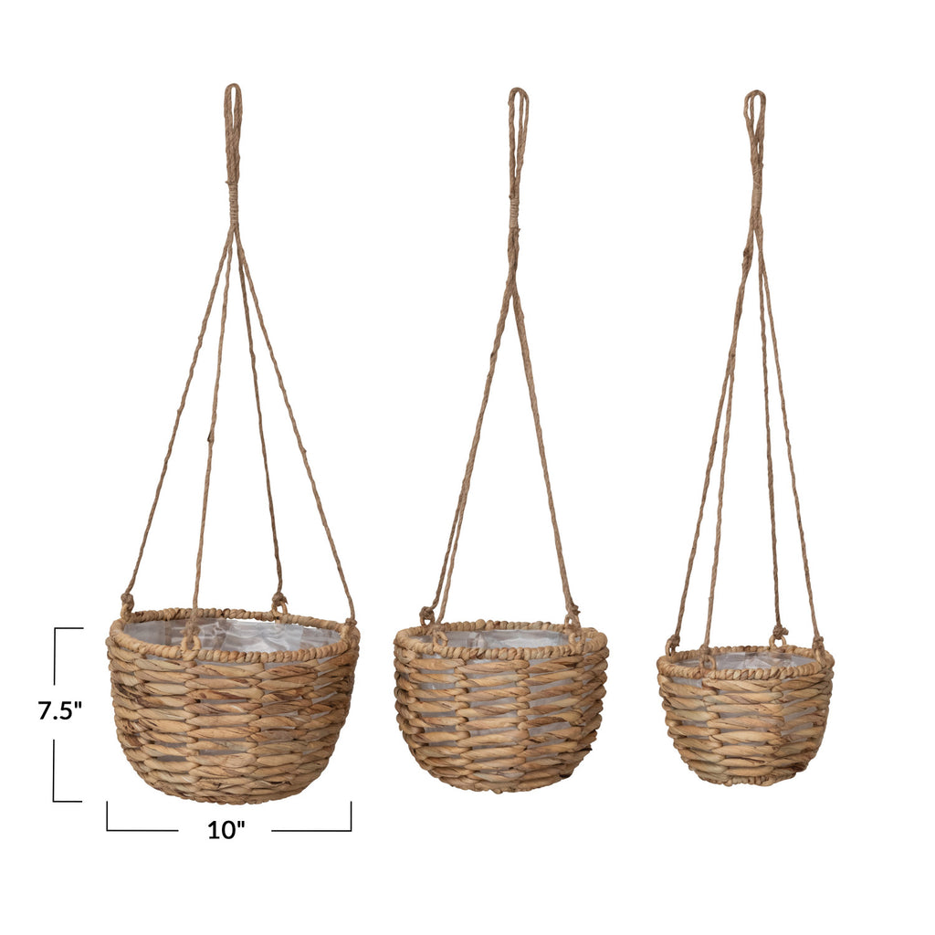 Hanging Hyacinth Planters w/ Plastic Liners & Jute Rope Hangers with largest size dimensions 7.5in x 10in